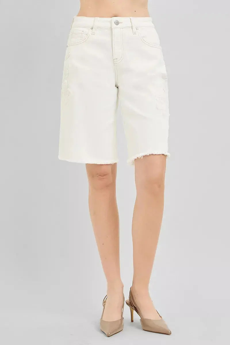 RISEN Slouchy Relaxed Floral Embroidered Bermuda Denim Shorts  Style Ratio