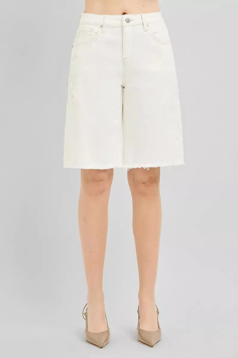 RISEN Slouchy Relaxed Floral Embroidered Bermuda Denim Shorts  Style Ratio