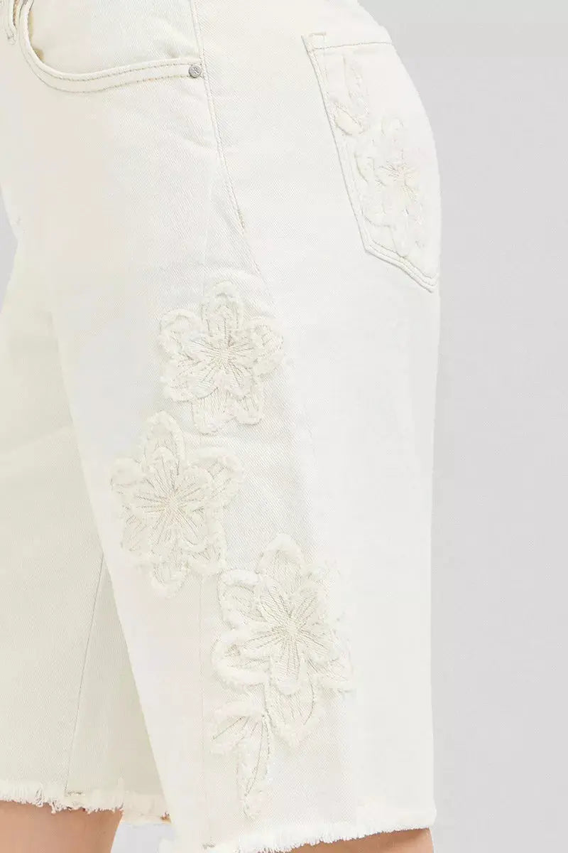RISEN Slouchy Relaxed Floral Embroidered Bermuda Denim Shorts  Style Ratio
