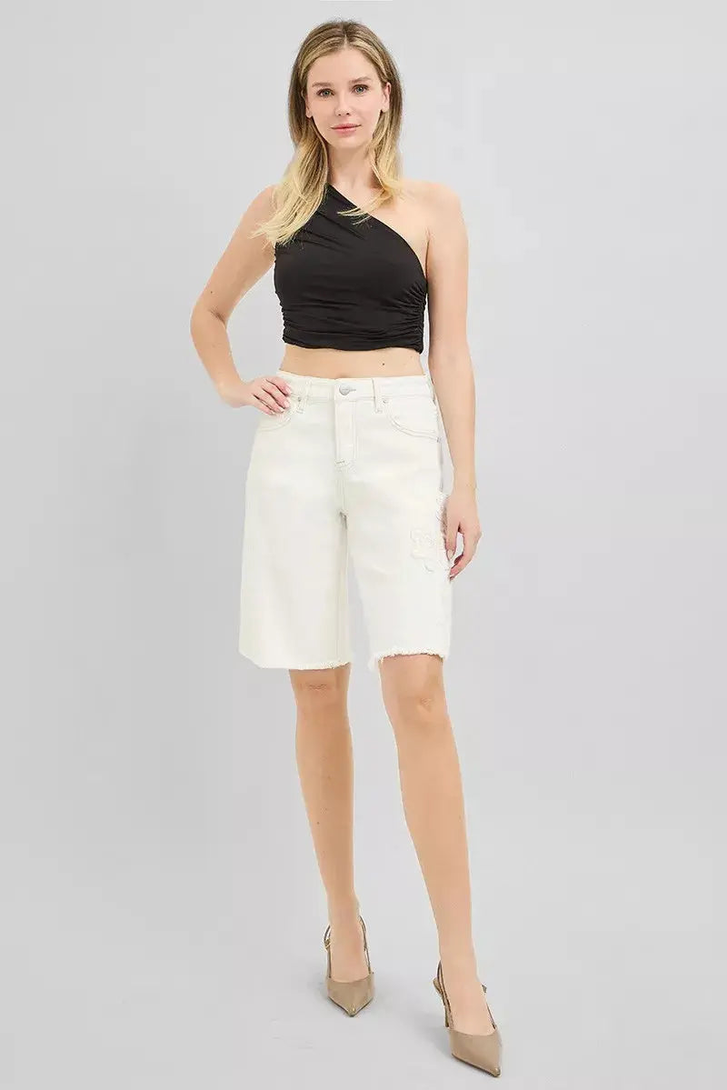 RISEN Slouchy Relaxed Floral Embroidered Bermuda Denim Shorts  Style Ratio