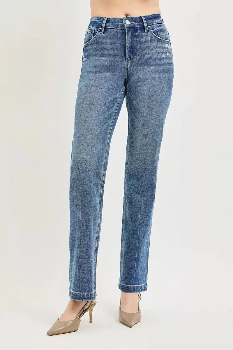 RISEN Tummy Control 4way Stretch Mid Rise Straight Crease Line  Style Ratio
