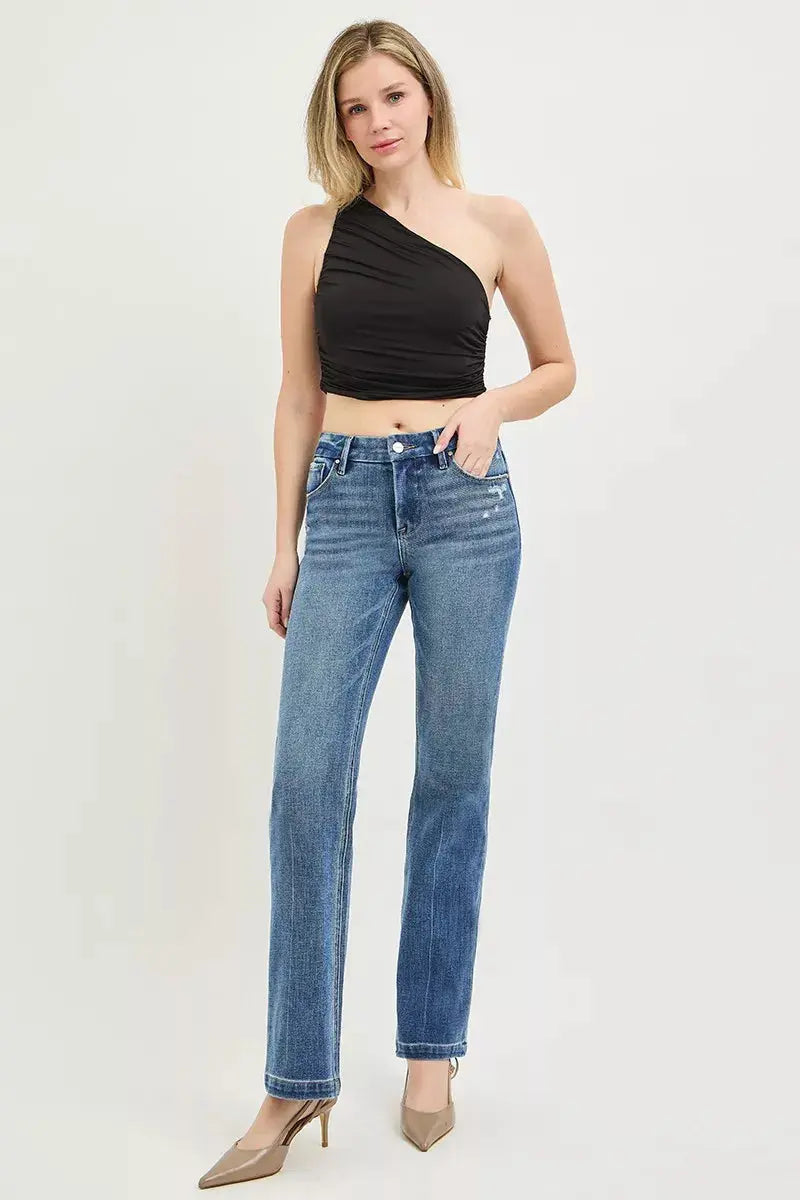 RISEN Tummy Control 4way Stretch Mid Rise Straight Crease Line  Style Ratio