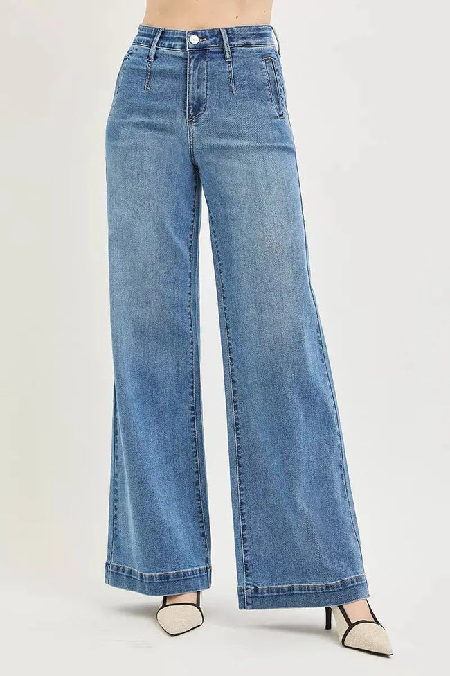 RISEN Tummy Control Elastic Band High Rise Wide Jeans  Style Ratio