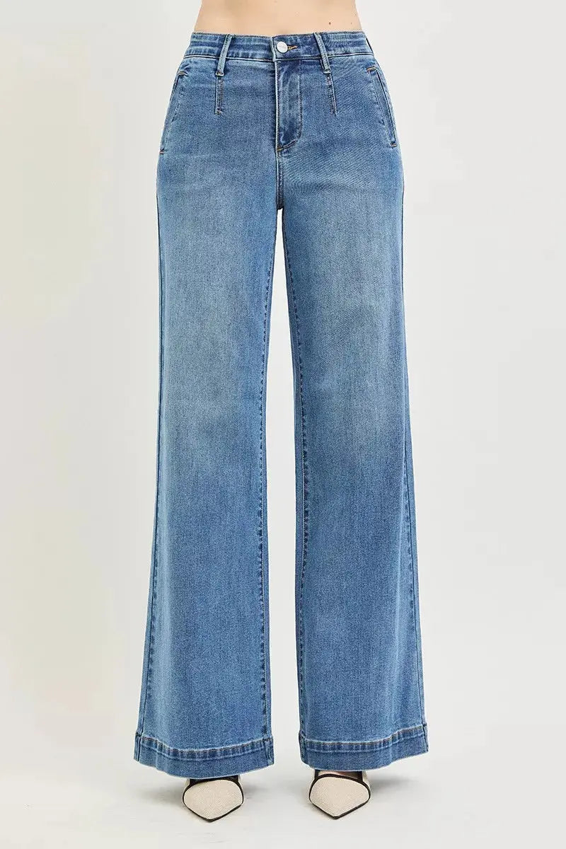 RISEN Tummy Control Elastic Band High Rise Wide Jeans  Style Ratio