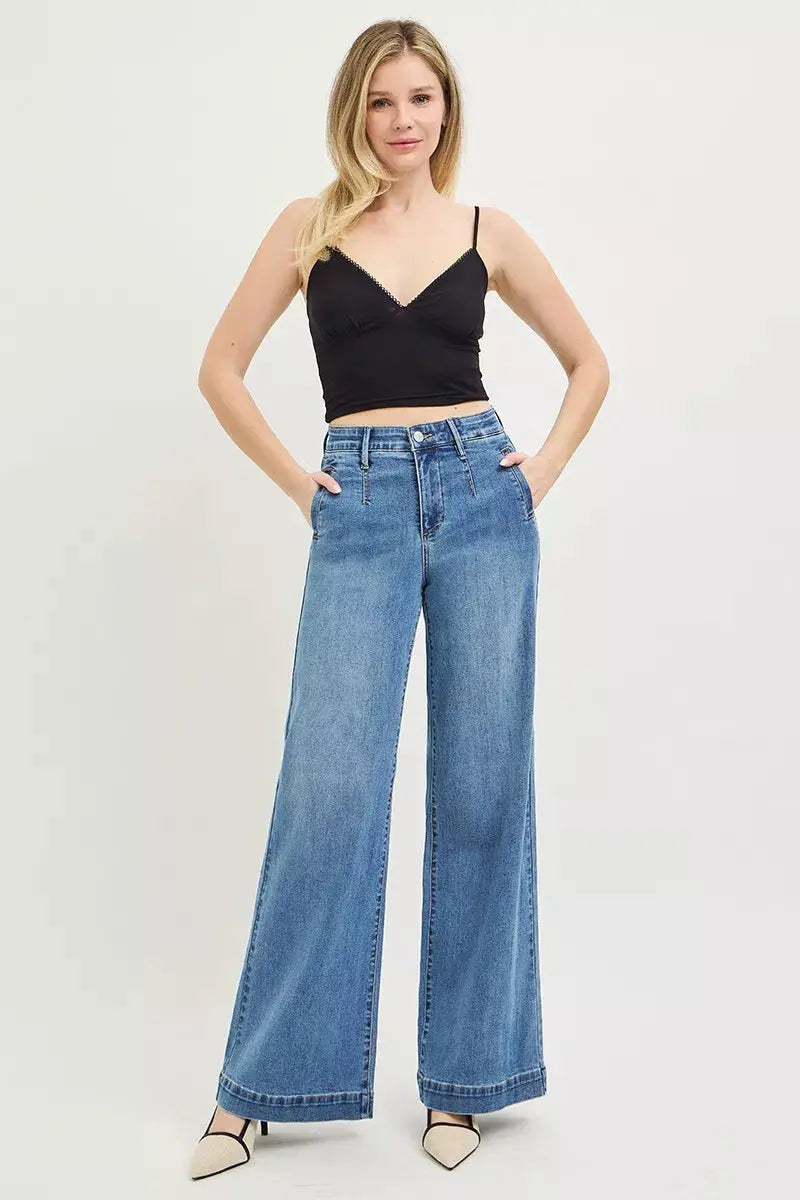 RISEN Tummy Control Elastic Band High Rise Wide Jeans  Style Ratio