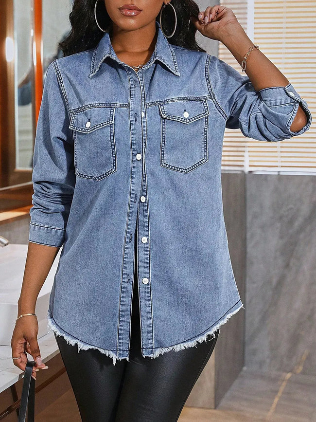 Raw Hem Button Up Denim Shirt  Style Ratio
