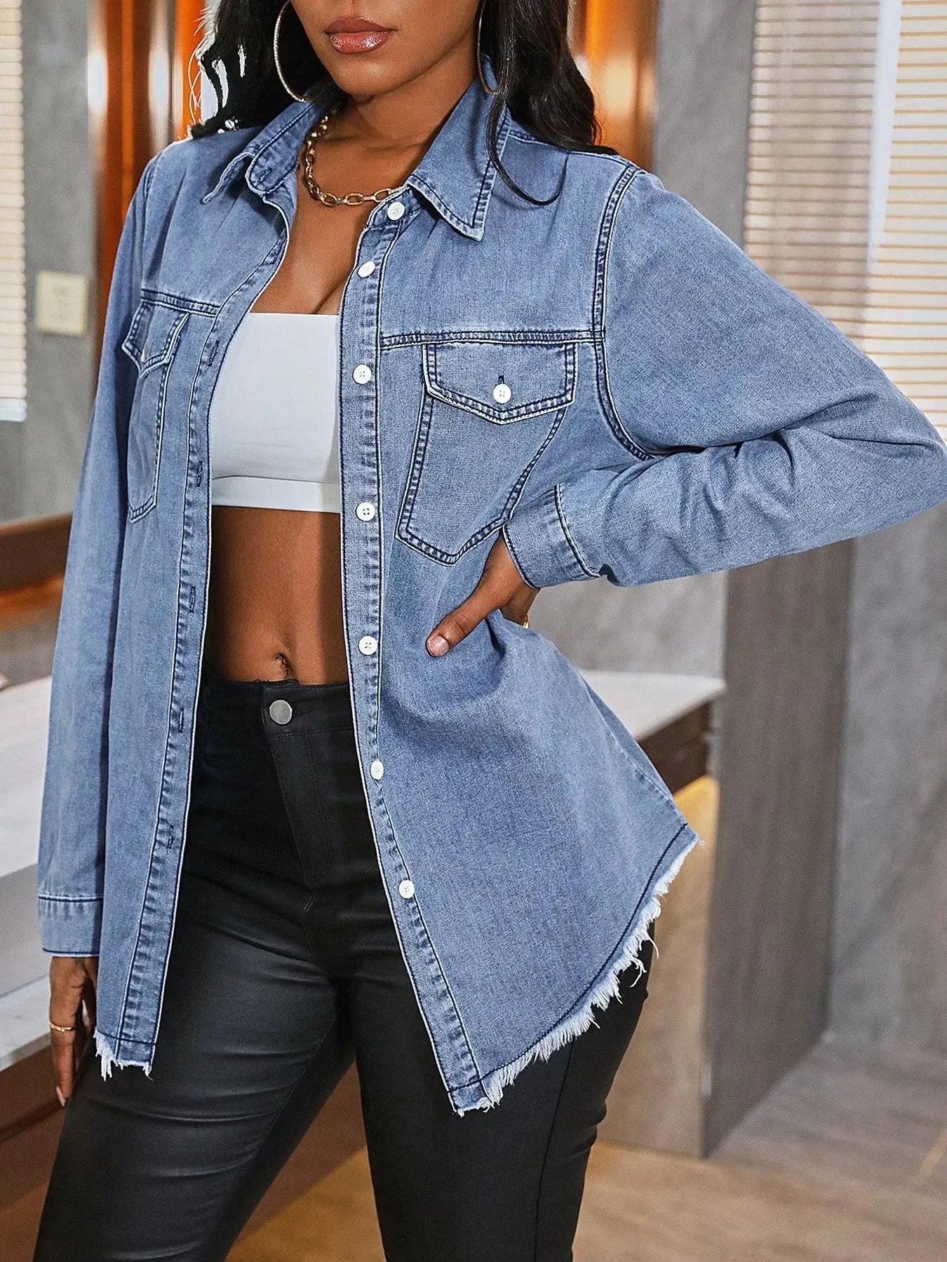 Raw Hem Button Up Denim Shirt  Style Ratio