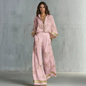 Retro Printed Loose Top with Wide Leg Pants Set  Style Ratio