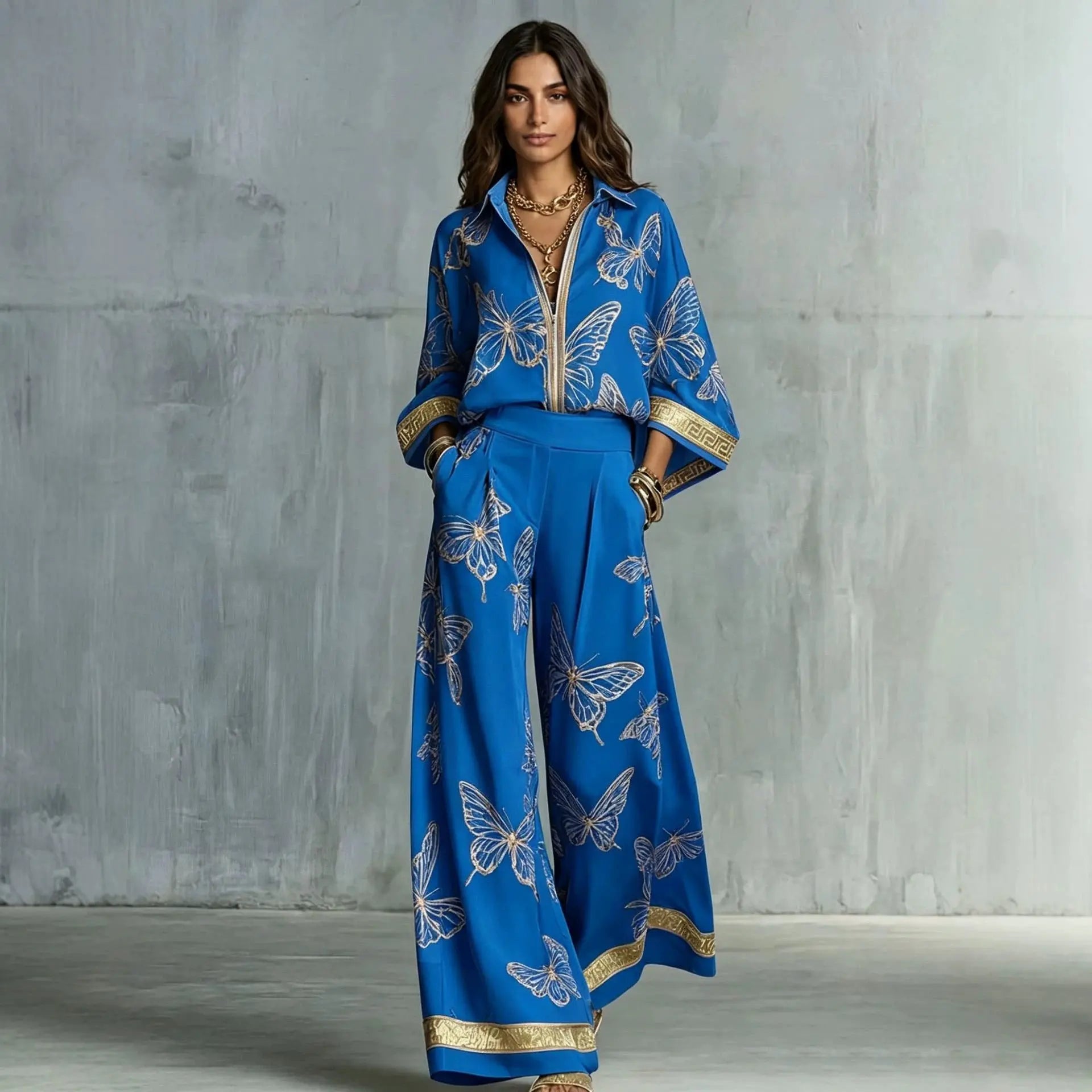 Retro Printed Loose Top with Wide Leg Pants Set  Style Ratio