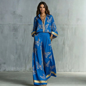 Retro Printed Loose Top with Wide Leg Pants Set  Style Ratio