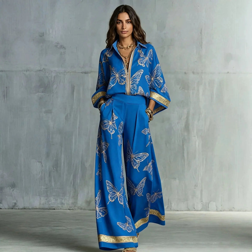 Retro Printed Loose Top with Wide Leg Pants Set  Style Ratio