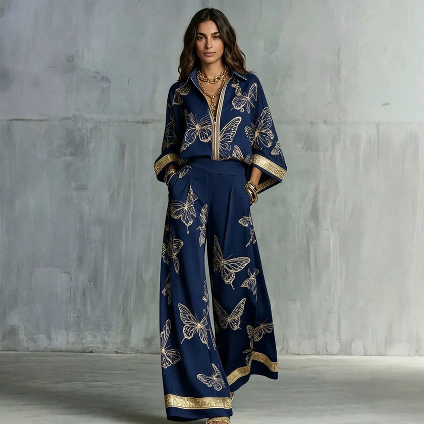 Retro Printed Loose Top with Wide Leg Pants Set  Style Ratio