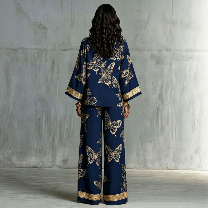 Retro Printed Loose Top with Wide Leg Pants Set  Style Ratio