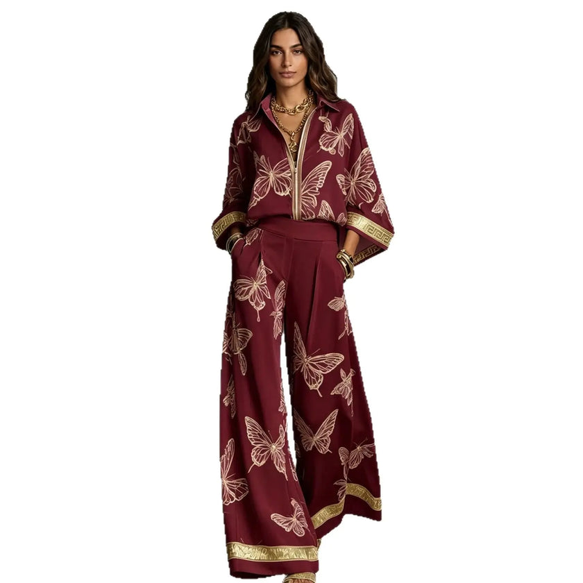 Retro Printed Loose Top with Wide Leg Pants Set  Style Ratio