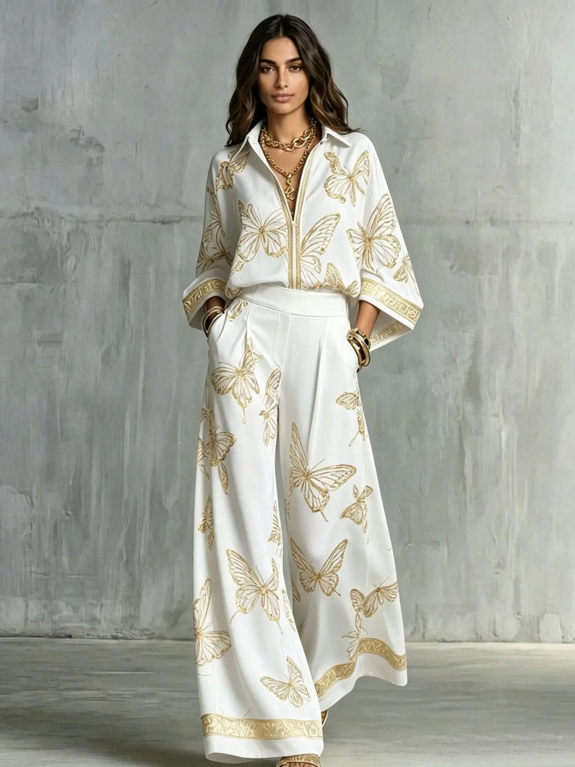 Retro Printed Loose Top with Wide Leg Pants Set  Style Ratio