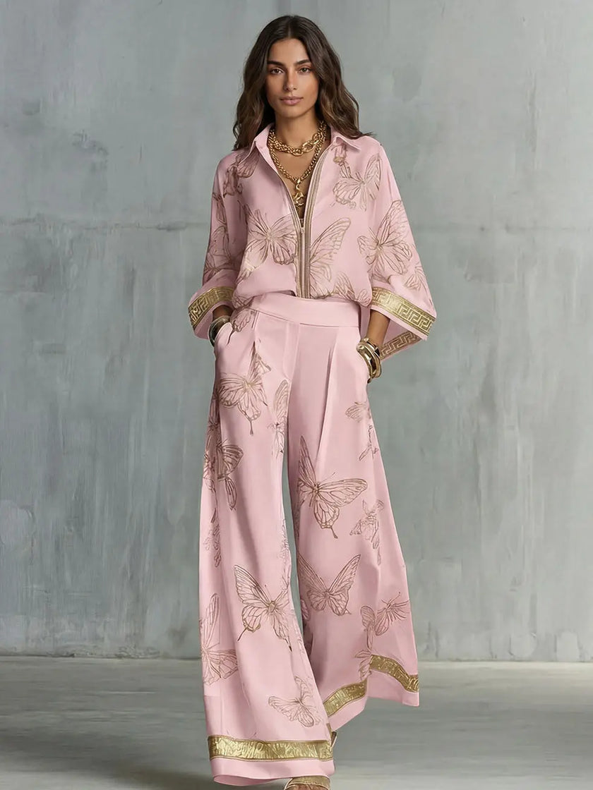 Retro Printed Loose Top with Wide Leg Pants Set  Style Ratio