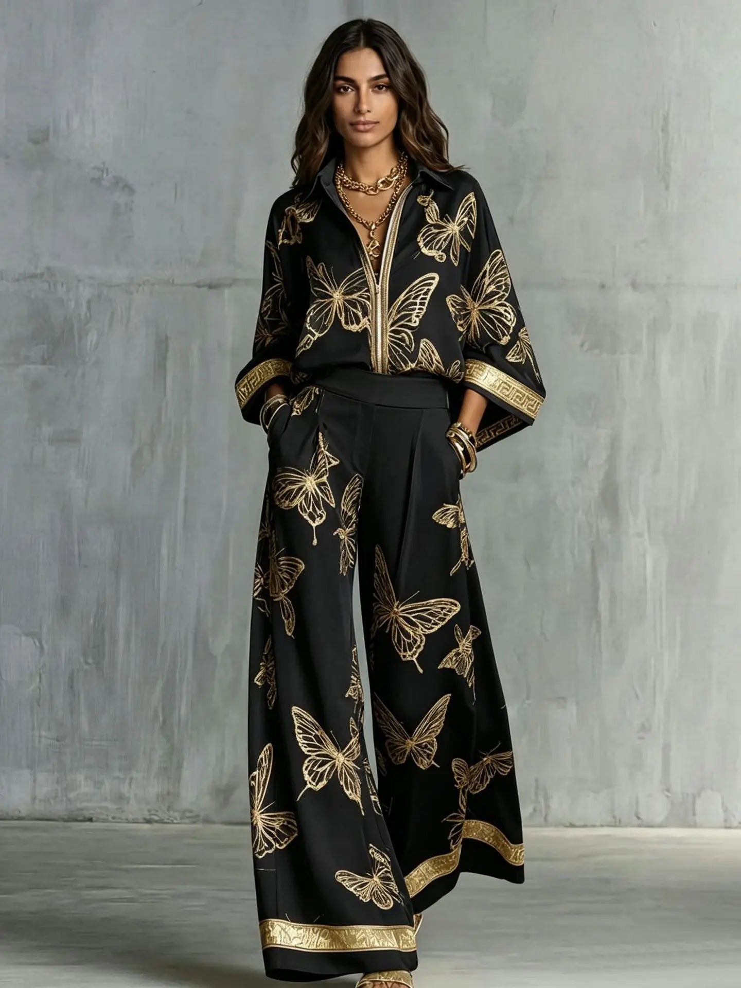 Retro Printed Loose Top with Wide Leg Pants Set  Style Ratio