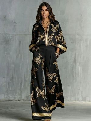 Retro Printed Loose Top with Wide Leg Pants Set  Style Ratio
