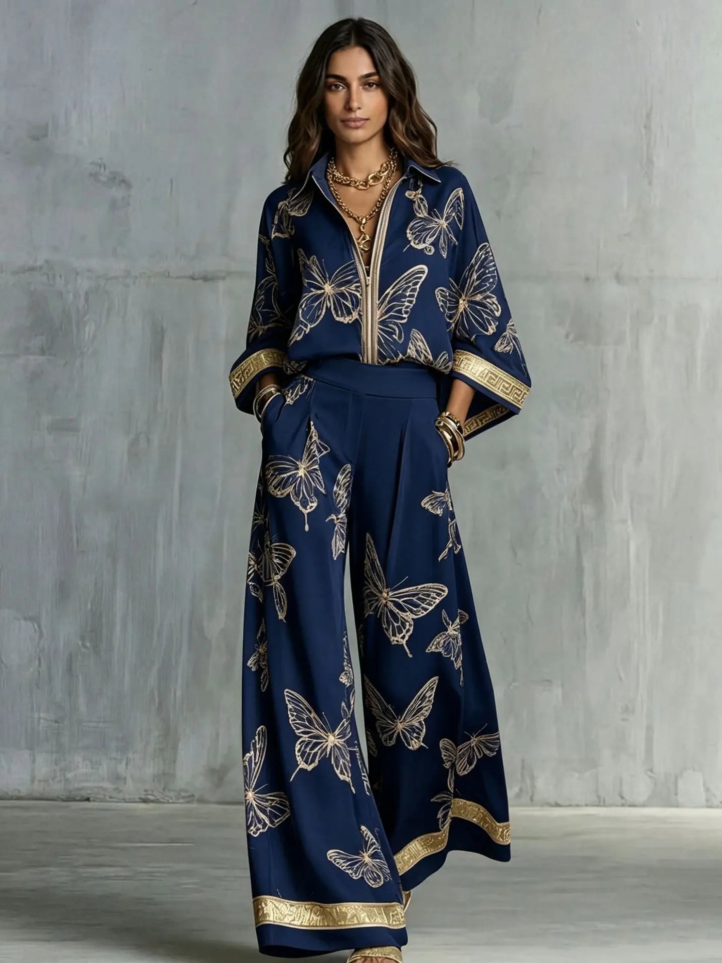 Retro Printed Loose Top with Wide Leg Pants Set  Style Ratio