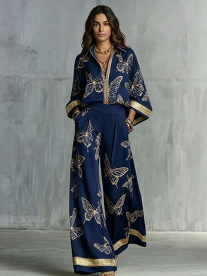 Retro Printed Loose Top with Wide Leg Pants Set  Style Ratio