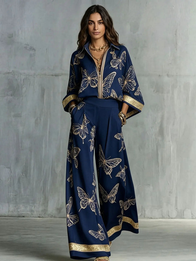 Retro Printed Loose Top with Wide Leg Pants Set  Style Ratio