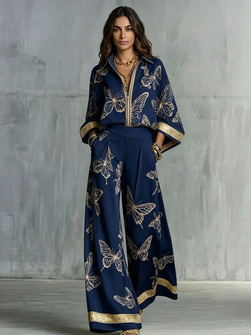 Retro Printed Loose Top with Wide Leg Pants Set  Style Ratio