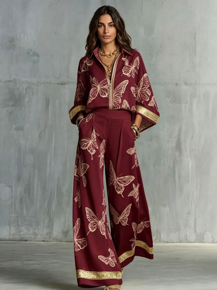 Retro Printed Loose Top with Wide Leg Pants Set  Style Ratio