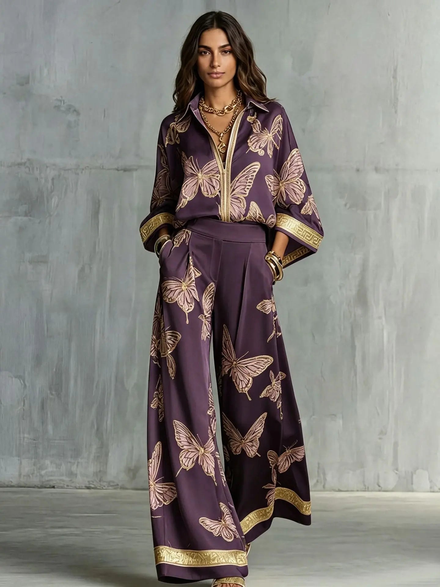 Retro Printed Loose Top with Wide Leg Pants Set  Style Ratio