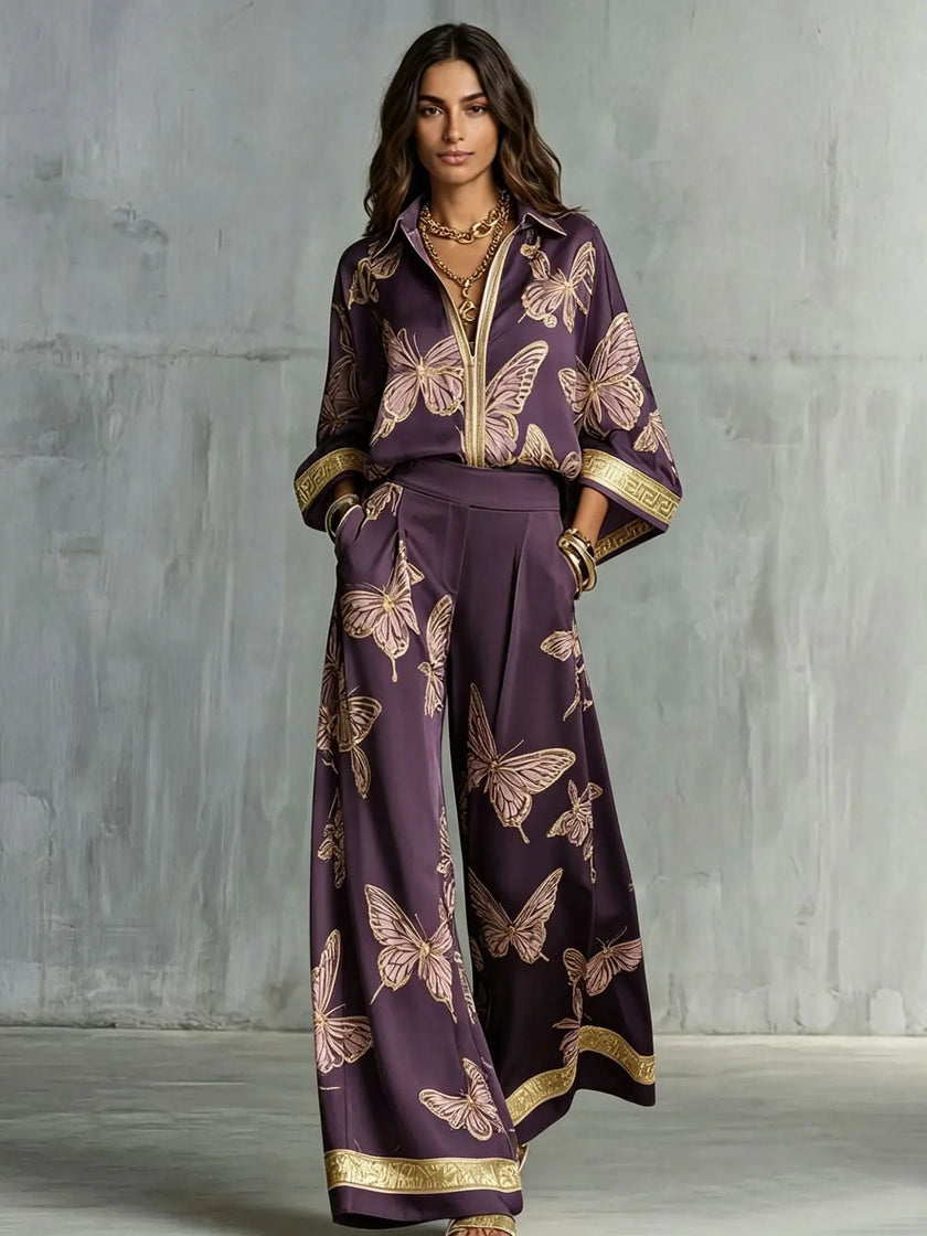 Retro Printed Loose Top with Wide Leg Pants Set  Style Ratio