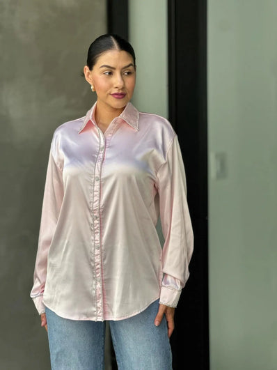 Rhinestone Diamond Lined Button Down Satin Blouse  Style Ratio