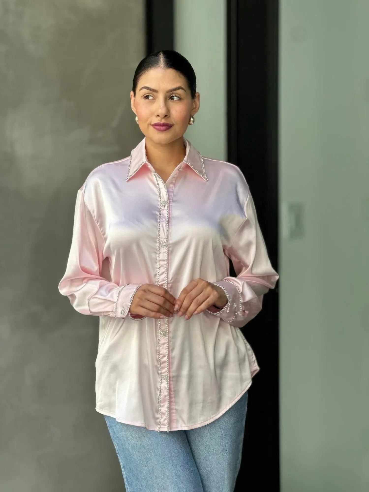 Rhinestone Diamond Lined Button Down Satin Blouse  Style Ratio