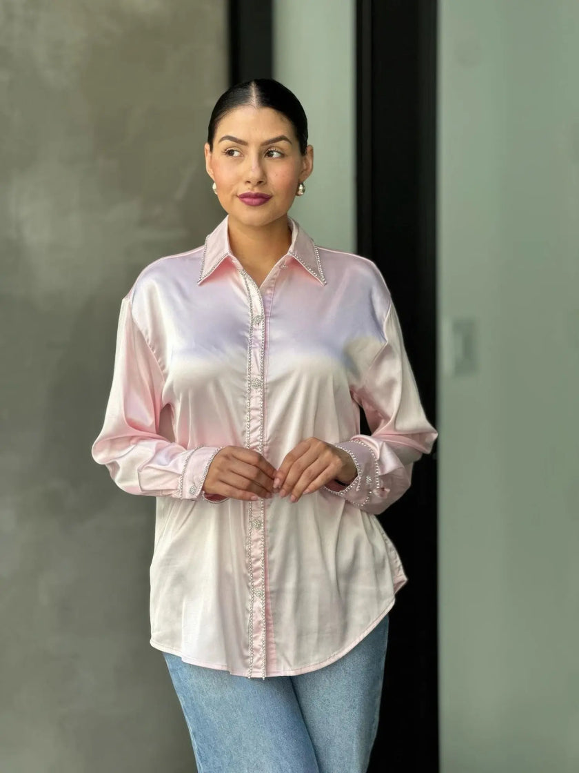 Rhinestone Diamond Lined Button Down Satin Blouse  Style Ratio