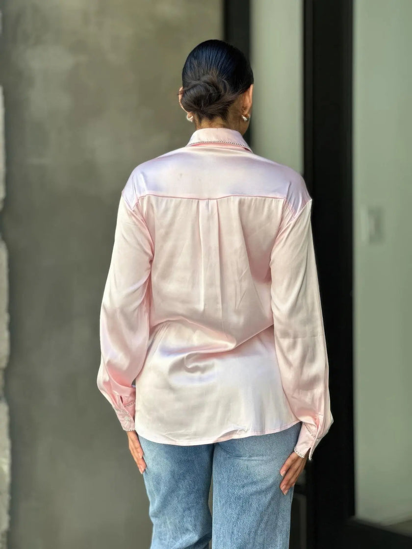 Rhinestone Diamond Lined Button Down Satin Blouse  Style Ratio