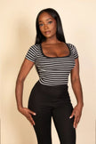 Ribbed Tight Knitted Striped Square Neck Short Sleeve T Shirt  Style Ratio