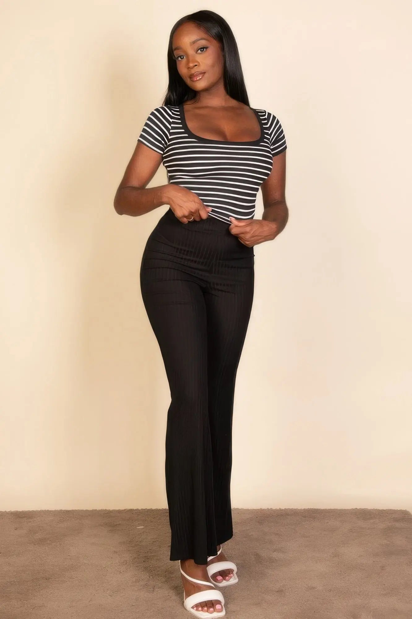 Ribbed Tight Knitted Striped Square Neck Short Sleeve T Shirt  Style Ratio