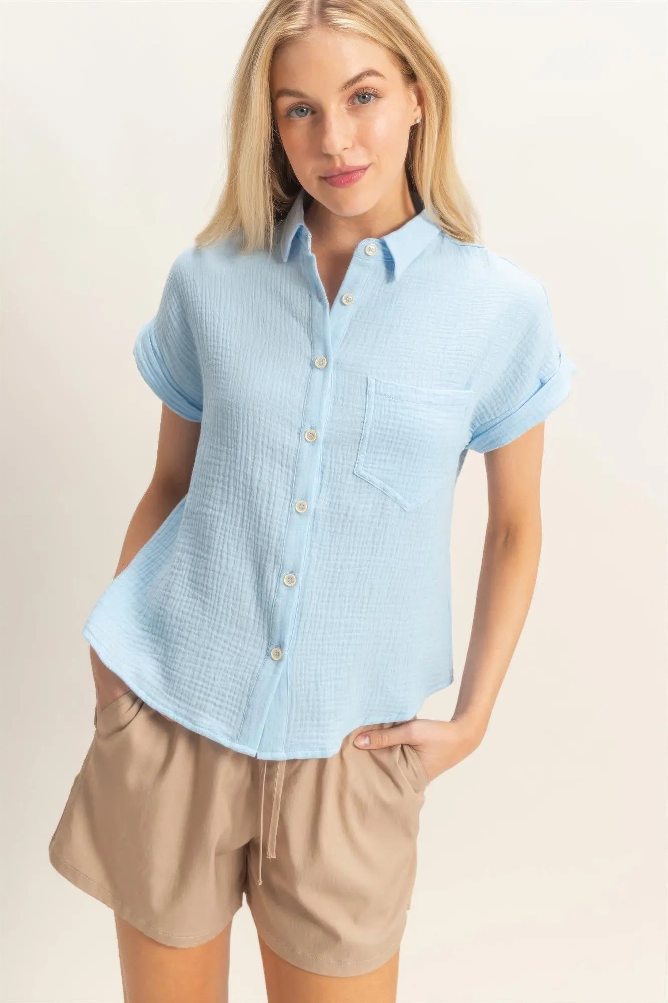 Rolled Sleeve Button-up Top  Style Ratio