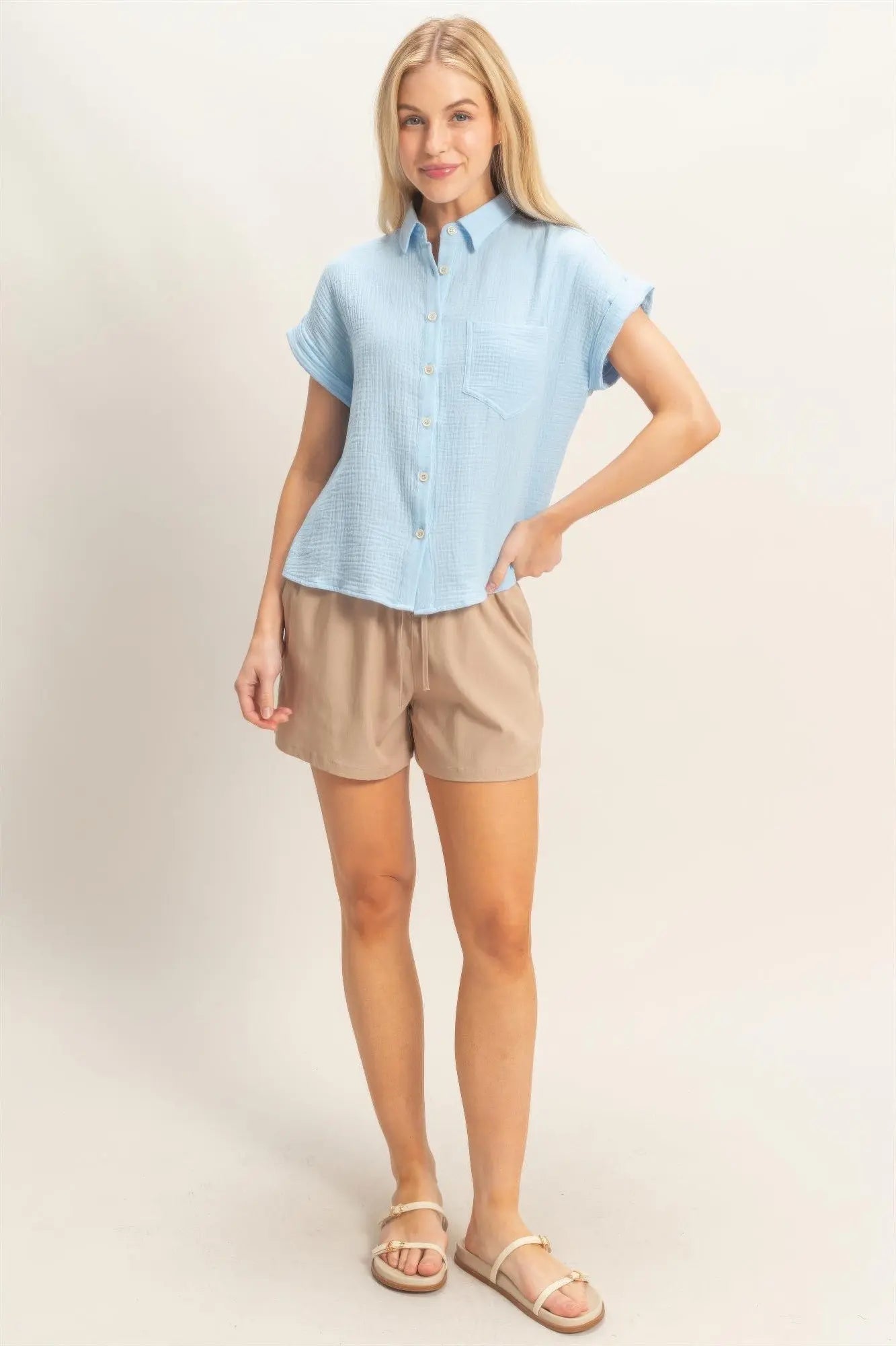 Rolled Sleeve Button-up Top  Style Ratio