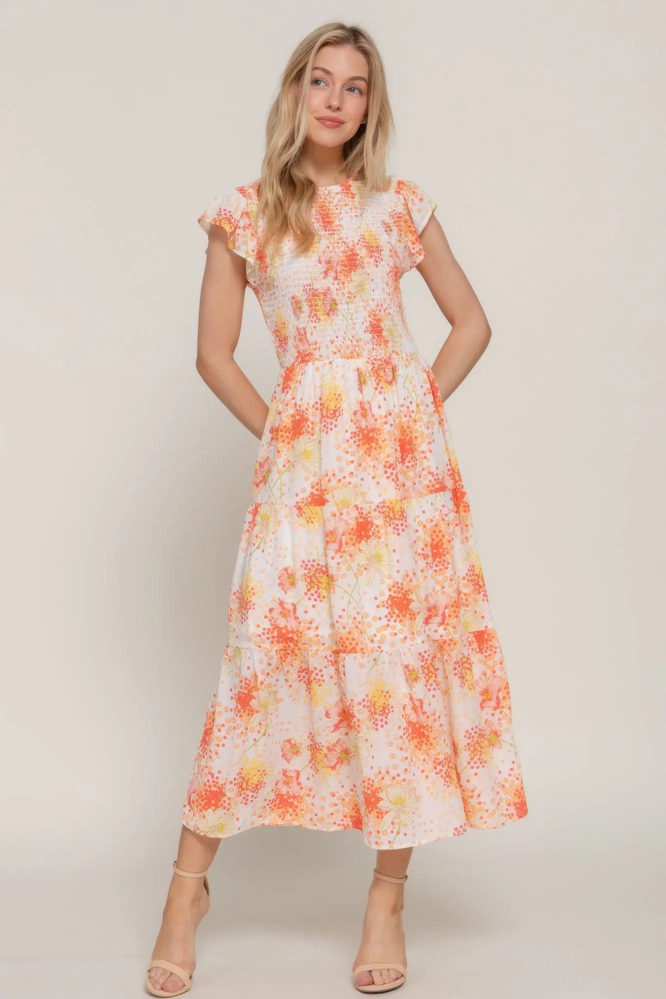 Ruffl Slv Smocked Floral Print Dresss  Style Ratio