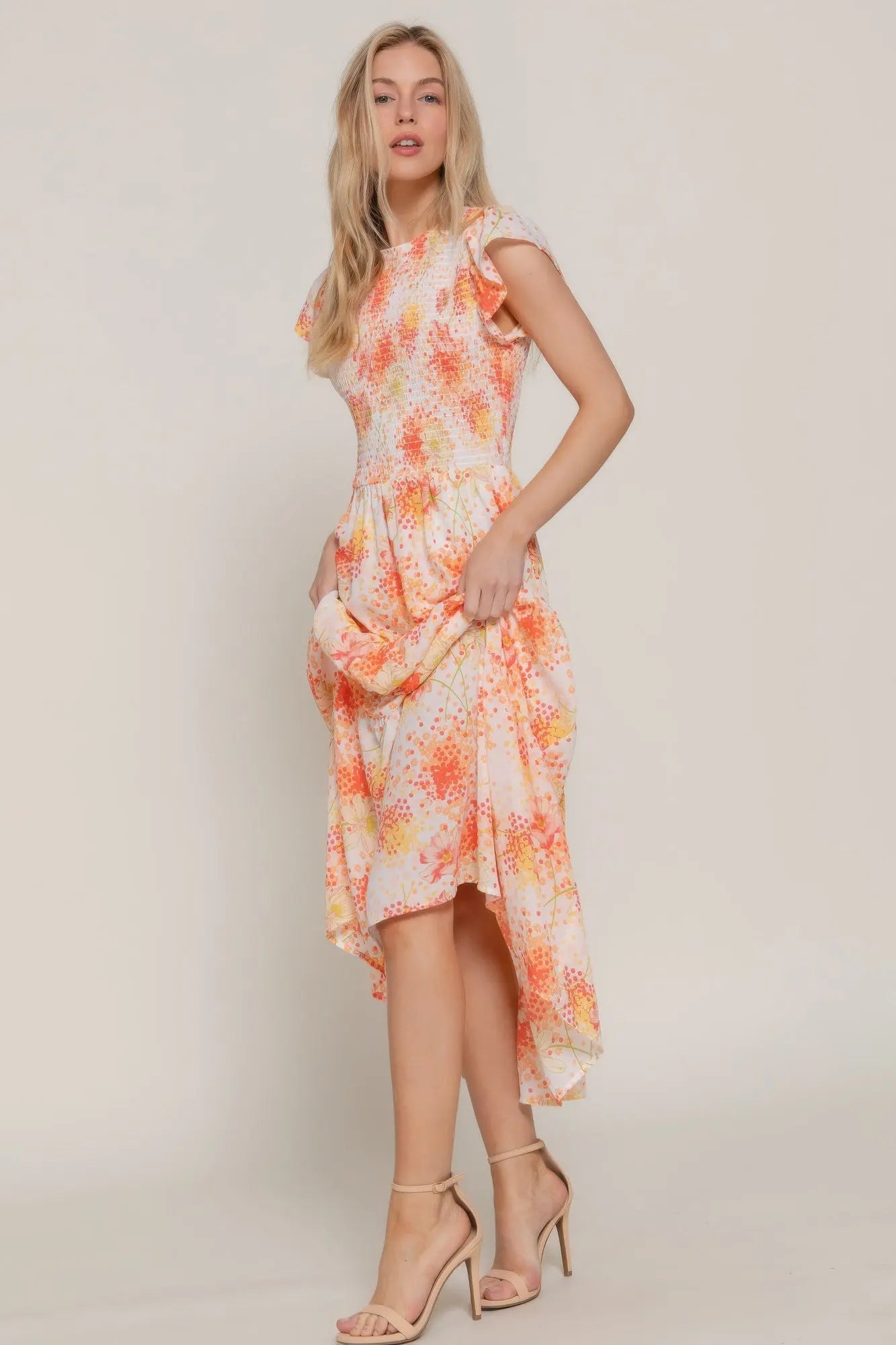 Ruffl Slv Smocked Floral Print Dresss  Style Ratio