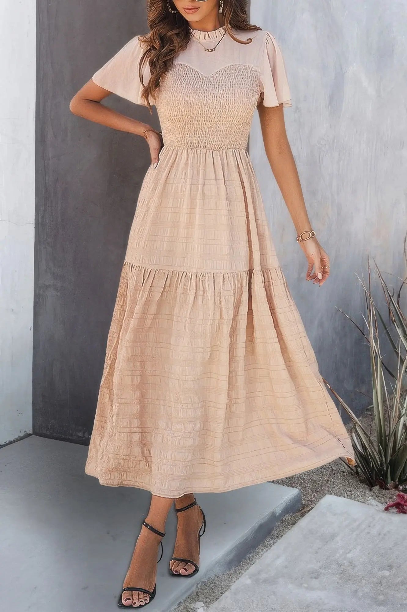 Ruffle Sleeve And Hem Top Shirred Crew Neck Dress  Style Ratio