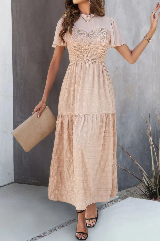 Ruffle Sleeve And Hem Top Shirred Crew Neck Dress  Style Ratio