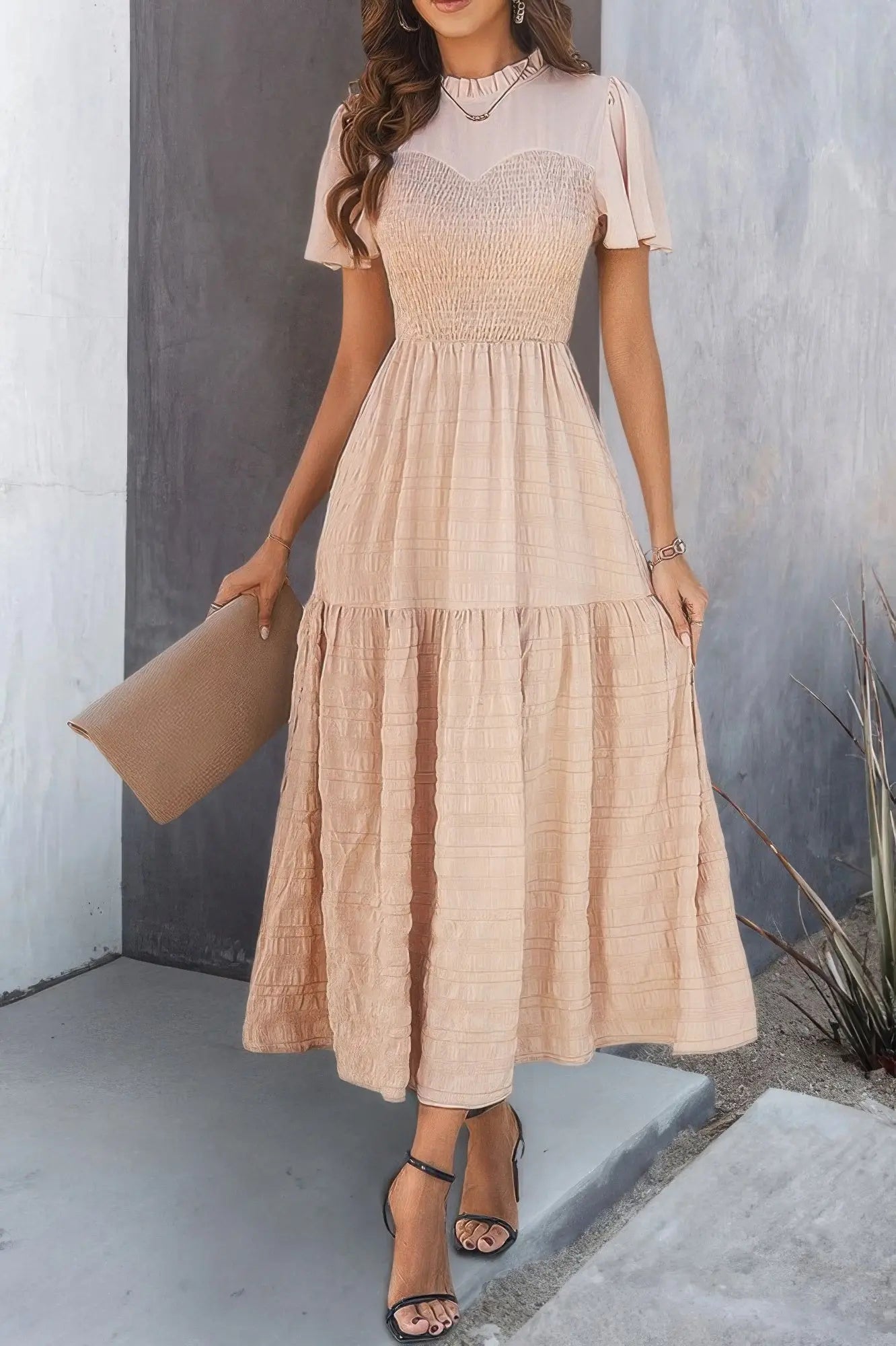 Ruffle Sleeve And Hem Top Shirred Crew Neck Dress  Style Ratio