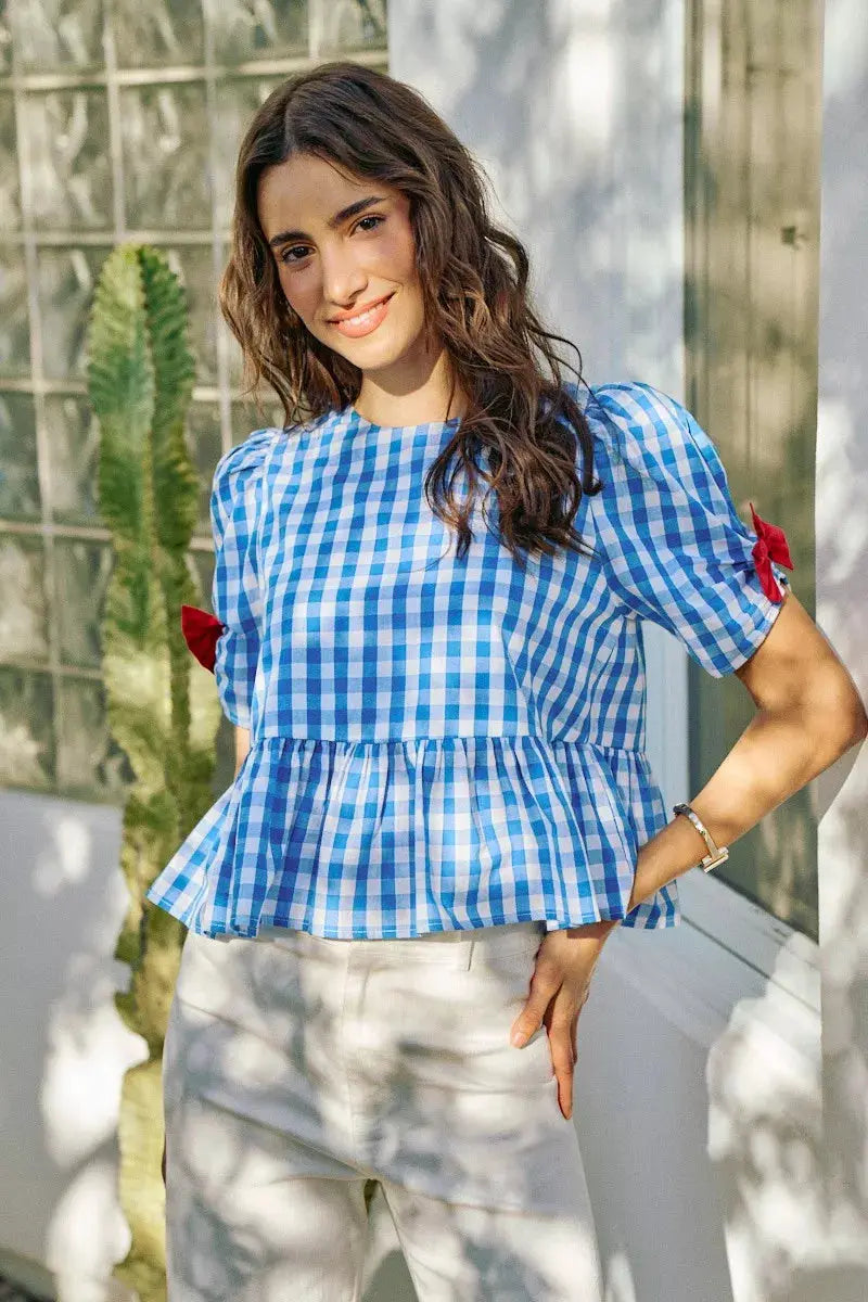 SO ME 4th Of July Gingham Ribbon Detail Short Sleeves Blouse  Style Ratio