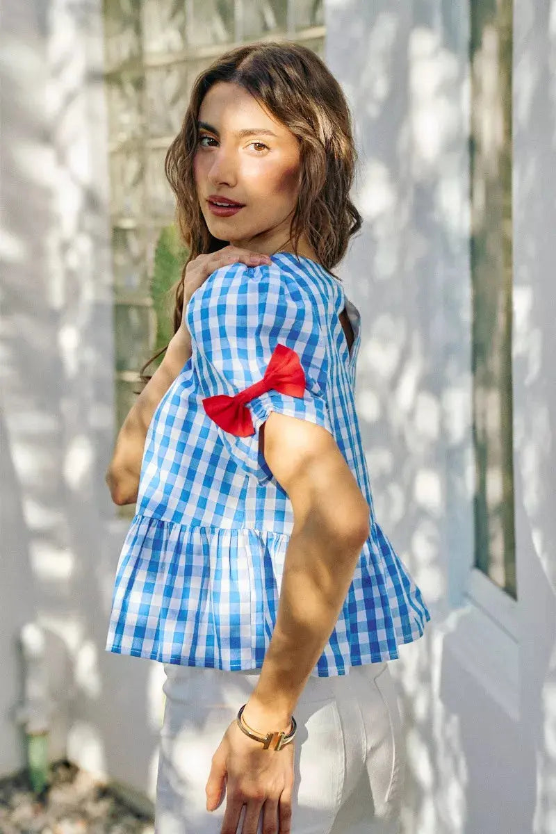 SO ME 4th Of July Gingham Ribbon Detail Short Sleeves Blouse  Style Ratio