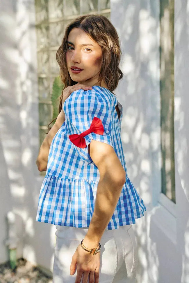 SO ME 4th Of July Gingham Ribbon Detail Short Sleeves Blouse  Style Ratio