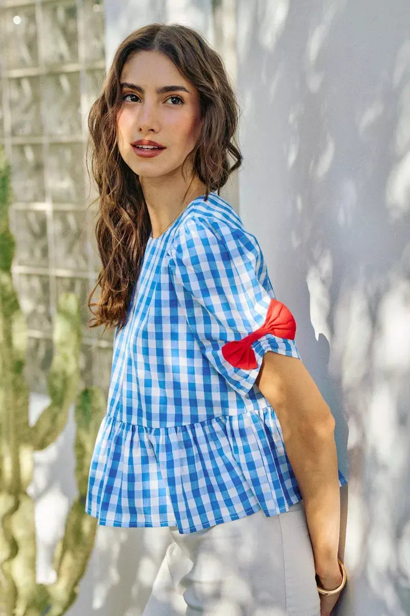 SO ME 4th Of July Gingham Ribbon Detail Short Sleeves Blouse  Style Ratio