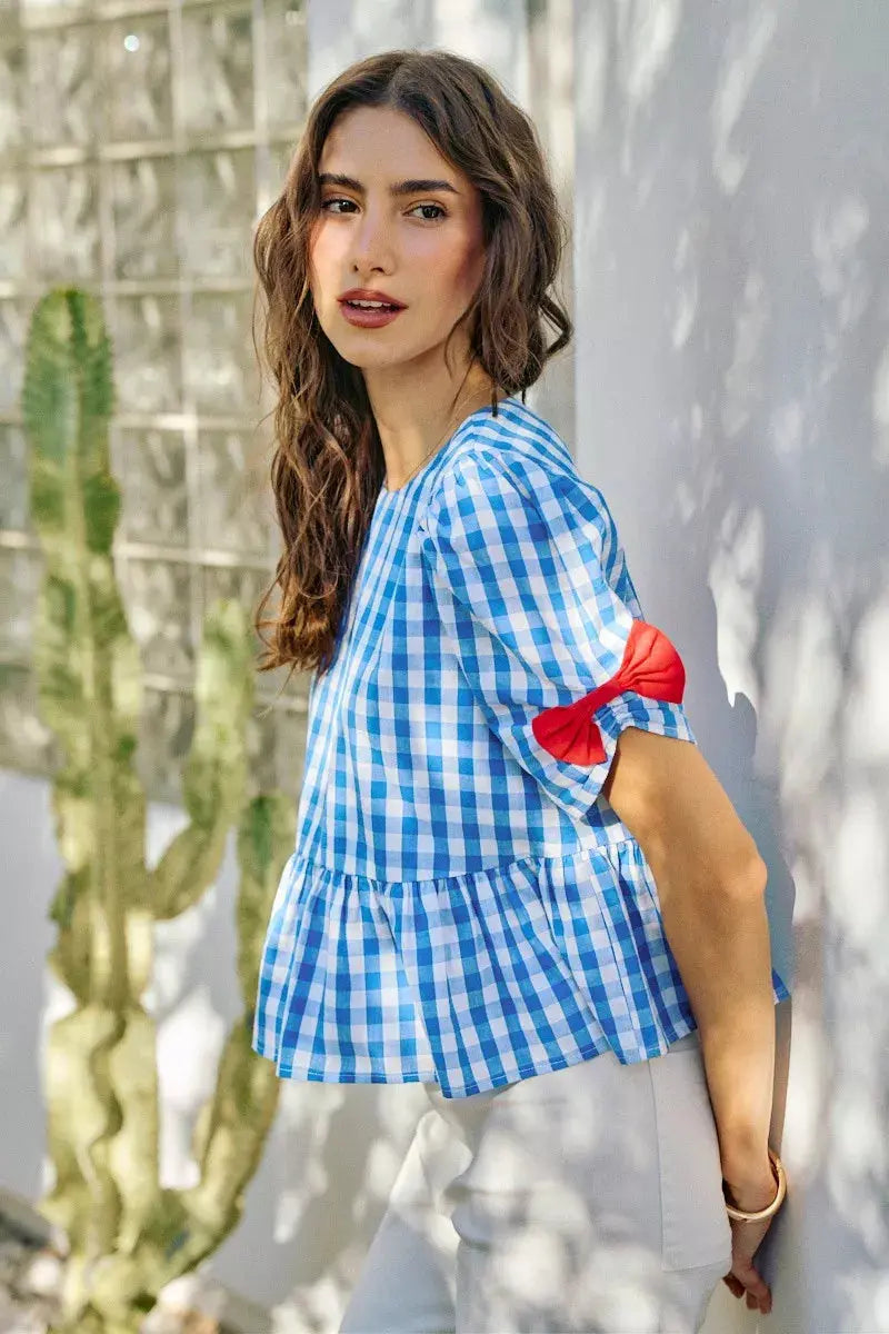 SO ME 4th Of July Gingham Ribbon Detail Short Sleeves Blouse  Style Ratio