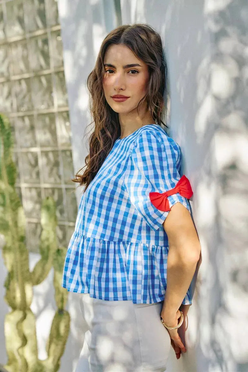 SO ME 4th Of July Gingham Ribbon Detail Short Sleeves Blouse  Style Ratio