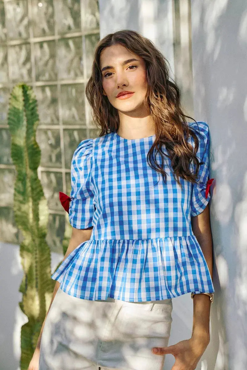 SO ME 4th Of July Gingham Ribbon Detail Short Sleeves Blouse  Style Ratio