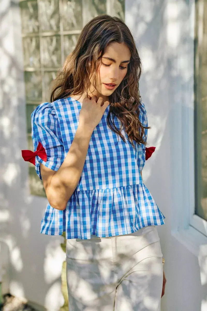 SO ME 4th Of July Gingham Ribbon Detail Short Sleeves Blouse  Style Ratio